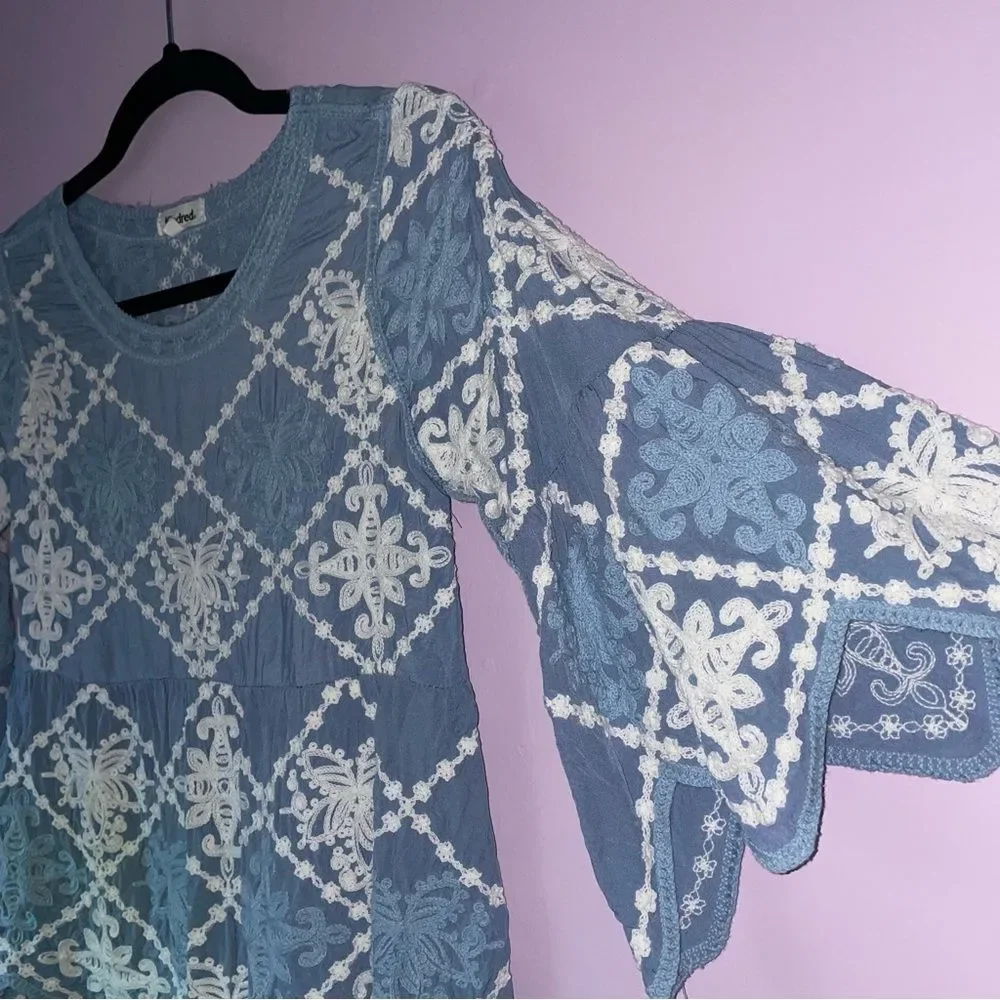 Anthropologie Kindred S Embroidered Boho Blouse Blue Top